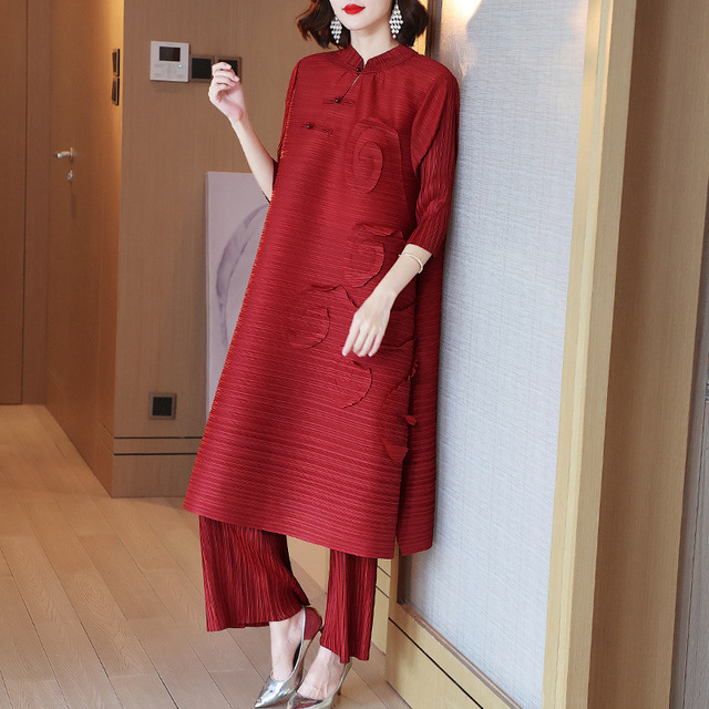 Spódnica plisowana Changpleat 2021 - nowa jesienno-zimowa kolekcja, czerwona sukienka dwuczęściowy garnitur Miyak, plus size, luźne długie koszulki - tanie ubrania i akcesoria