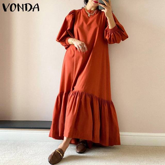 Sukienka VONDA - jednolity fason, casualowy, bufiaste rękawy, długość maxi, plisowana, o-neck - tanie ubrania i akcesoria