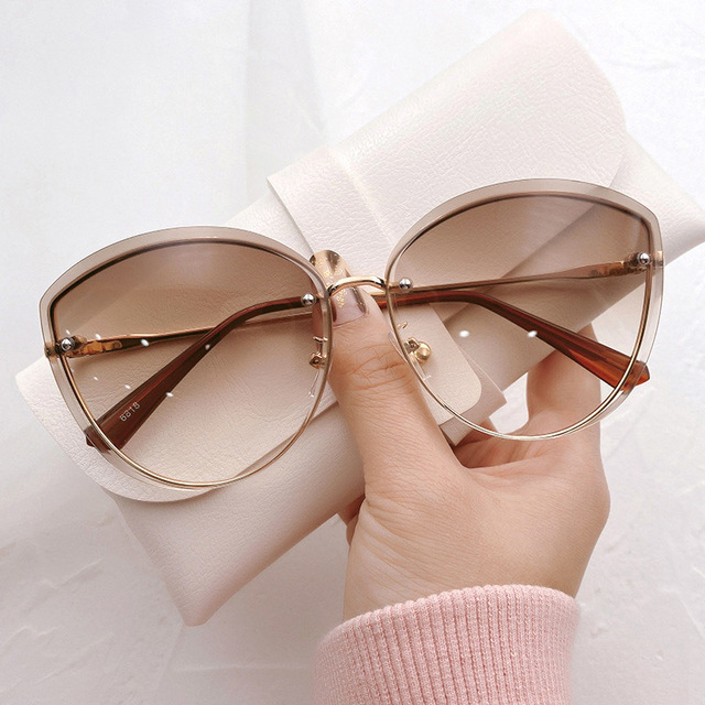 Damskie owalne okulary przeciwsłoneczne bezramkowe Lady Metal Cay odcienie oczu Sonnenbrille zonnebril dames - tanie ubrania i akcesoria