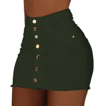 Spódnica mini dżinsowa Bodycon o wysokim stanu - lato, sexi, denim, przyciski, strench, talia klubowa