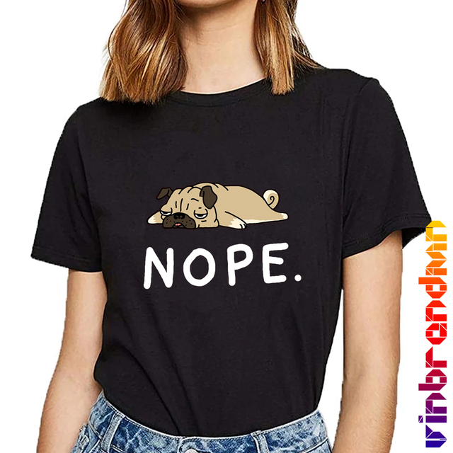 Koszulka damska z uroczym leniwym psem mops w stylu Kawaii - śmieszne zwierzęce T-shirt dla kobiet - tanie ubrania i akcesoria