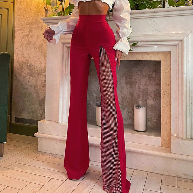 Damskie spodnie capri klubowe na imprezę 2021 - modne, wyszczuplające, proste, sexy z rozcięciem na talii, w stylu streetwear - długie spodnie z siateczkowymi detalami - tanie ubrania i akcesoria