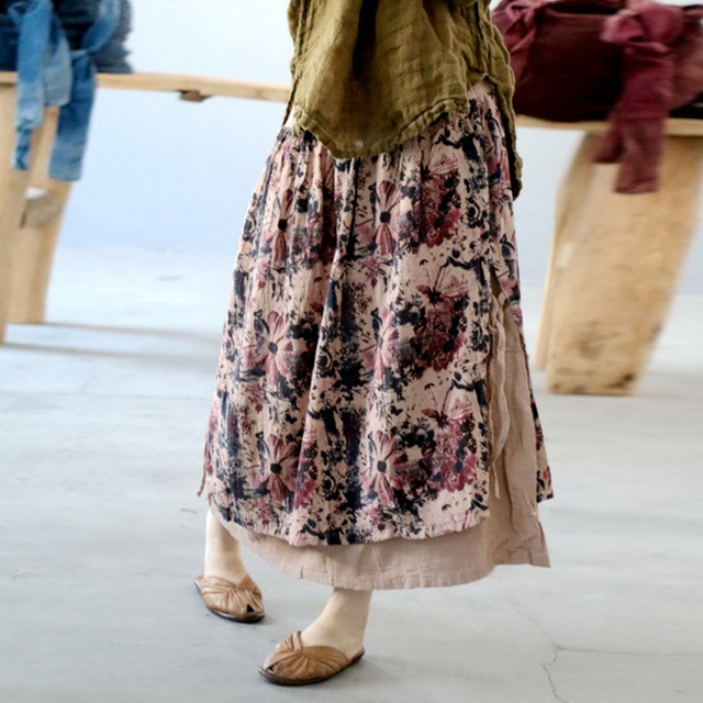 Nowa, wygodna spódnica bawełniano-lniana z nadrukiem, wypracowane w pasie, idealna na jesień, dla kobiet - Johnature 2021 - tanie ubrania i akcesoria