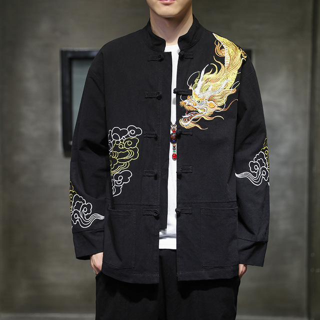 Męska kurtka Kimono z długim swetrem - nadrukowany wzór smoka - tanie ubrania i akcesoria