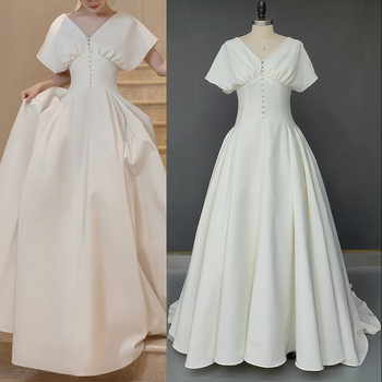 Elegancka suknia ślubna z Francuskim stylem - vintage, miękka satyna, V-neck, krótkie rękawy, przyciski Hepburn, zapinana na zamek błyskawiczny, retro suknie panny młodej