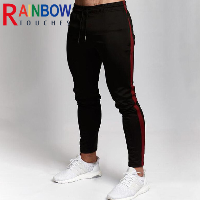 Męskie obcisłe spodnie sportowe Rainbowtouchs Gym - mięśniowe, slim fit, wydrukowane dzianinowe, z bocznymi paskami - tanie ubrania i akcesoria
