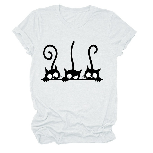 Czarna koszulka damska z nadrukiem kotów, krótki rękaw, dekolt O - tanie ubrania i akcesoria