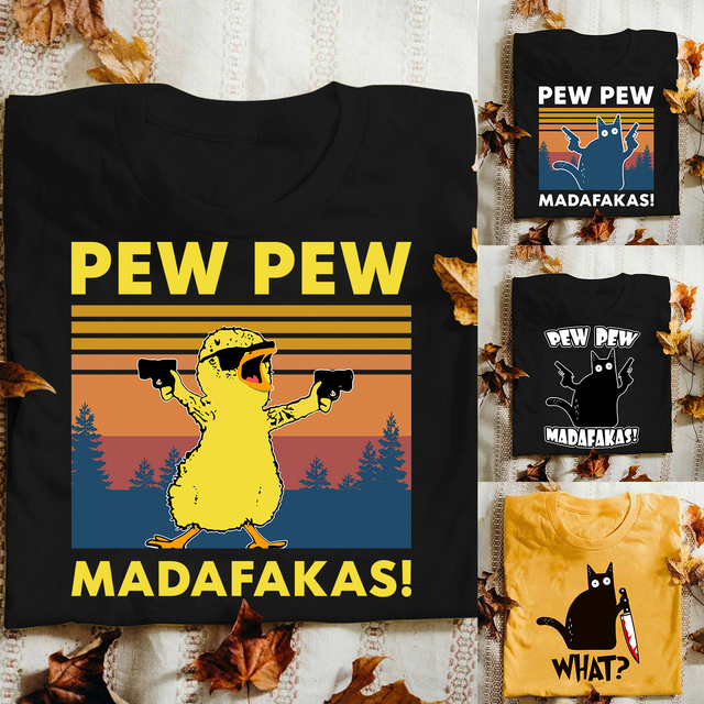 Męska koszulka z humorem: Funny Chicken Pew Pew Gangster Meme, wzór Vintage, wykonana z bawełny - tanie ubrania i akcesoria