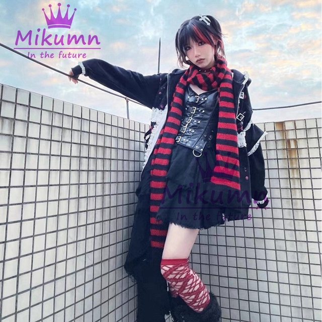 Punkowy szalik damski z Harajuku w pasy - szary, czerwony, czarny - tanie ubrania i akcesoria
