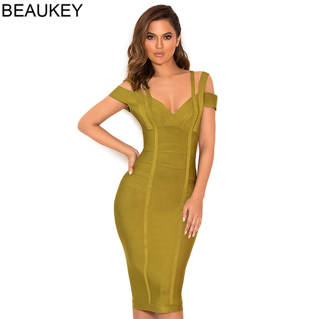 Zielona oliwka podwójny pasek V-neck kolano długość bandażowej sukienki Beaukey, rozmiar XL - tanie ubrania i akcesoria