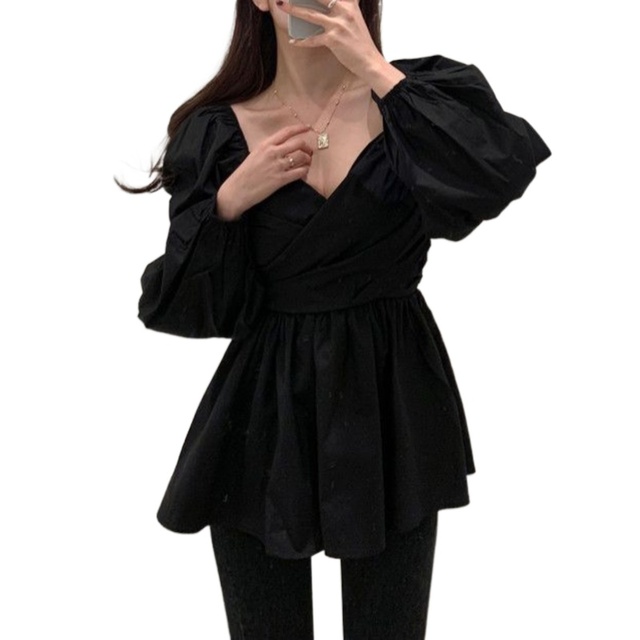 Bluza kobieca z długim rękawem, wiosna 2021, krzyżowy dekolt, slim fit - jednokolorowa blusas feminino - tanie ubrania i akcesoria