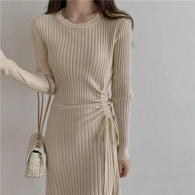 Kobieca dzianina 2021 - gruby sweter sukienka na zimę, nowa, jednolita czerń - Koreańska moda - tanie ubrania i akcesoria