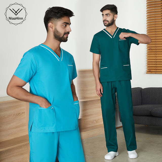 Zestaw męskich spodni z krótkim rękawem do pracy w sali operacyjnej szpitala - gatunek unisex, topy weterynaryjne i ubrania dentystyczne - tanie ubrania i akcesoria