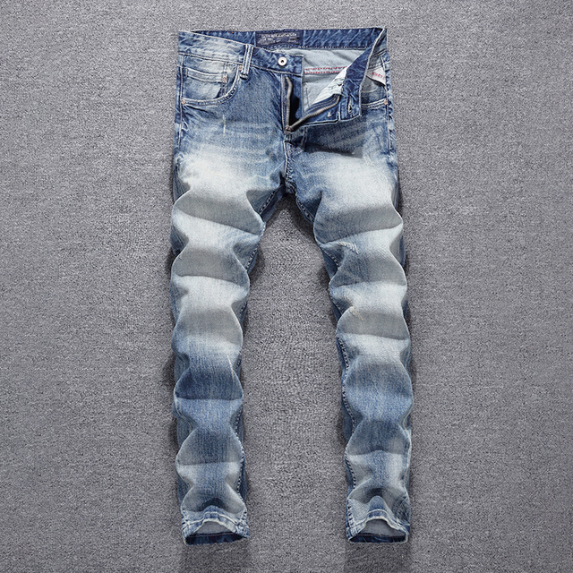 Dżinsy męskie Włoski Styl Retro Szary Niebieski Elastyczne Slim Porwane Jeansy Vintage Casual Spodnie - tanie ubrania i akcesoria