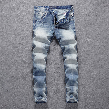 Dżinsy męskie Włoski Styl Retro Szary Niebieski Elastyczne Slim Porwane Jeansy Vintage Casual Spodnie