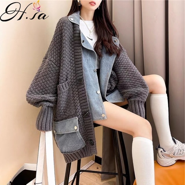 Koreański sweter dwuczęściowy o luźnym fasonie HSA 2021 - ciepły płaszcz zimowy z grubej dzianiny - tanie ubrania i akcesoria