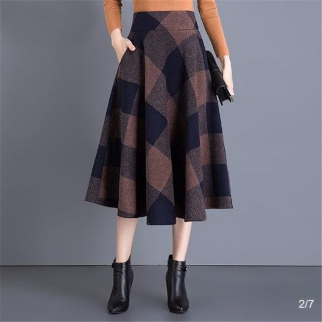 Midi spódnica wełniana w kratę, damskie Saias z stylu Vintage, elegancka moda biurowa Jesień/Zima 4XL - tanie ubrania i akcesoria