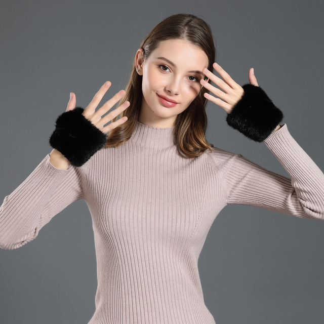 Mink futrzane rękawice damske z prawdziwym futrem - 10cm długość, zimowe, dzianinowe, oryginalne. Brand New 2019 - tanie ubrania i akcesoria