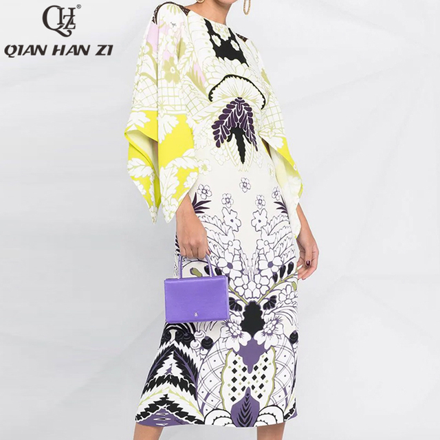 Sukienka damska Qian Han Zi - letnia, nieregularne rozkloszowane rękawy, wzór vintage print, wąska, obcisła - tanie ubrania i akcesoria