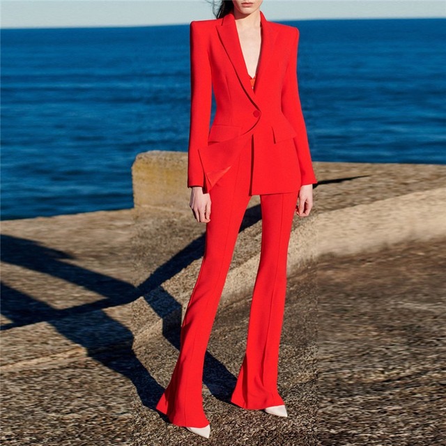 Wysokiej jakości czerwony zestaw Slim Blazers spodnie dzwony dla kobiet zapinane na jeden guzik - Lady klasyczny garnitur (2 sztuki) - tanie ubrania i akcesoria