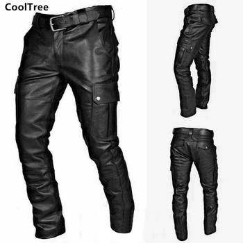 Czarne męskie spodnie skórzane CoolTree - wiosna/jesień, obcisłe, multi-pocket, z motywem Retro Punk Goth, Slim Fit