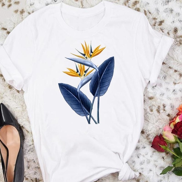 Koszulka damskiego T Topu z krótkim rękawem w modny wzór kreskówki i kwiatowy print - tanie ubrania i akcesoria