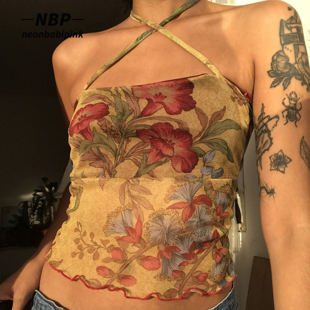 Różowy NeonBabiPrint Przezroczysty Top na ramiączkach z kwiatowym wzorem dla kobiet - 2021 trendy vintage topy z siateczką Camis N84-BB10 - tanie ubrania i akcesoria