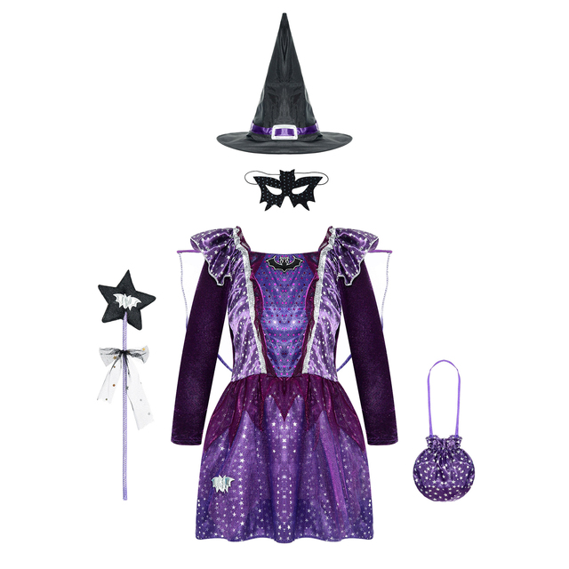Kostium czarownicy dla dziewczynek z kapeluszem - srebrna sukienka z gwiazdkami na karnawał - tanie ubrania i akcesoria