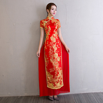 Duża sukienka 3XL-4XL qipao chińska Cheongsam z krótkim rękawem i stójką w cekinowe kwiaty letnich długich sukienkach Vestidos
