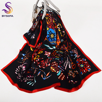 BYSIFA | Czerwono-czarny jedwabny szal Bufanda z koniem - moda Design, kwadratowa chustka Hijabs na wiosnę i jesień