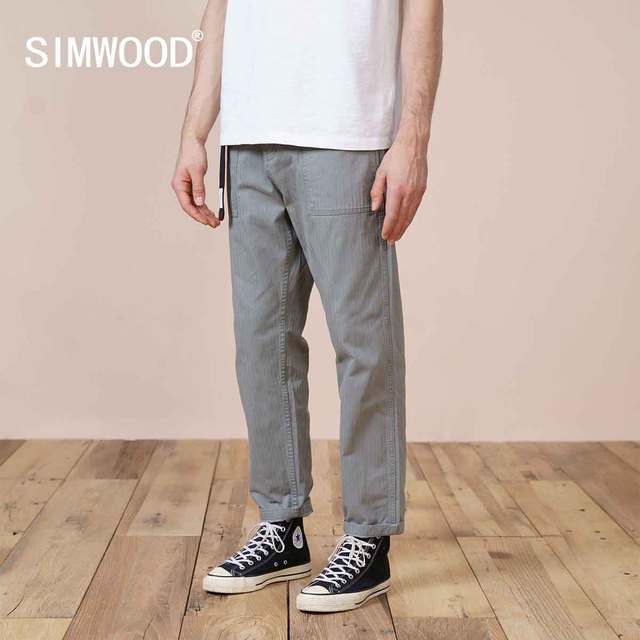 Nowe spodnie męskie SIMWOOD 2021, luźne i proste, dorywczo w stylu, 100% bawełna, do kostek, rozmiar plus, wygodne (SK170188) - tanie ubrania i akcesoria