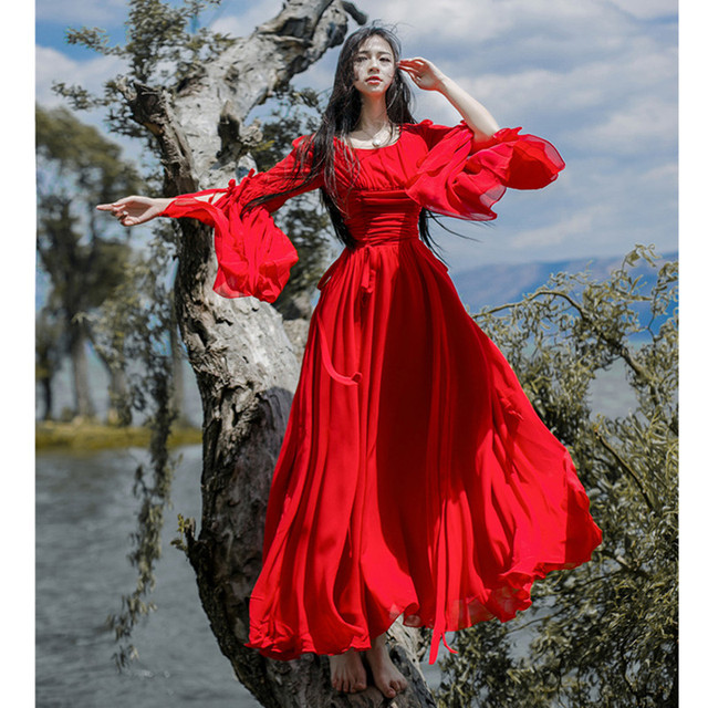 Czerwona sukienka damska Vintage Flare o wysokiej tali, elegancka midi sukienka z dużym wahadłem i rękawem z syfonu - tanie ubrania i akcesoria