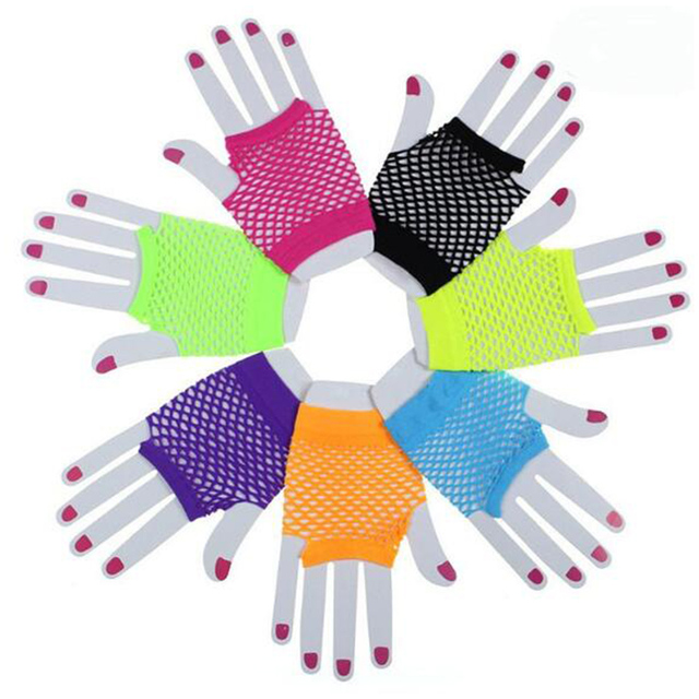 Krótkie rękawiczki damskie w modnym neonowym cukierkowym kolorze - półpalce, z siateczkowymi wycięciami - tanie ubrania i akcesoria