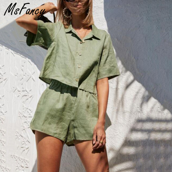 Zestaw damski Msfancy - bawełniane komplety letnie 2021: zielona koszula z krótkim rękawem i luźne szorty z elastyczną talią