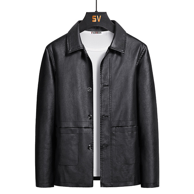 Skórzana kurtka męska jednokolorowa z prostą klapą - jesień | M-5XL - tanie ubrania i akcesoria