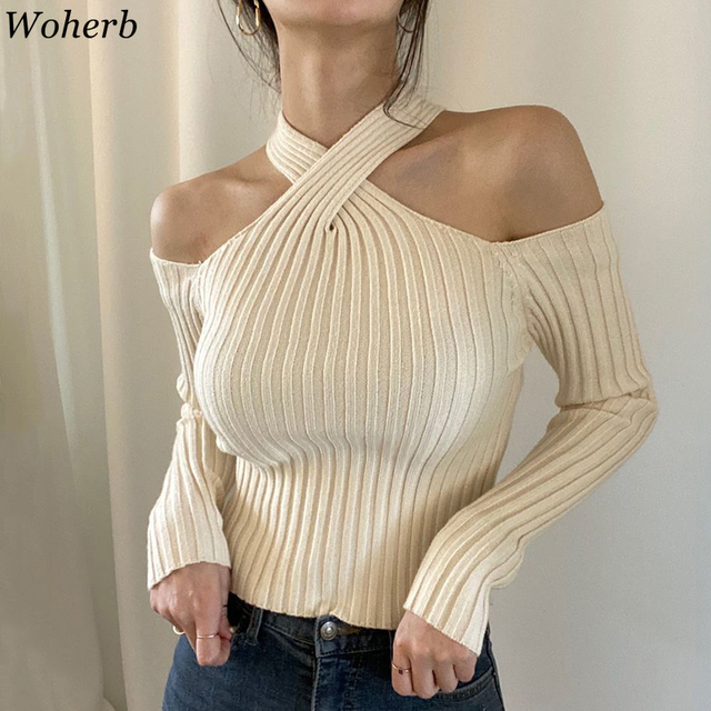 Elegancki, koreański pulower damski na jedno ramię z długim rękawem - jesień 2021 - tanie ubrania i akcesoria