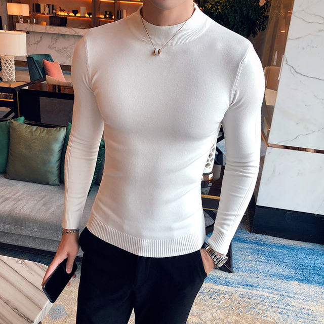 Męski sweter z długim rękawem z półgolfem 2021, nowoczesny fason o wąskim kroju, jednolity kolor, wysoka jakość - tanie ubrania i akcesoria