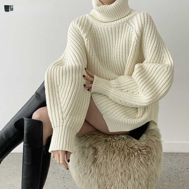 Modne damskie swetry z golfem - luźne pulowery z długim rękawem, jednolite wzory, na zimę 2021 - tanie ubrania i akcesoria