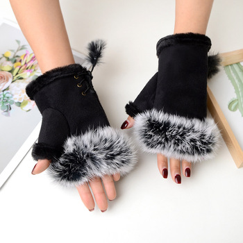 Rękawiczki damskie zimowe z futerka sztucznego królika, aksamitne, grube, pół palca, zamszowe, pluszowe, ciepłe (R19)
