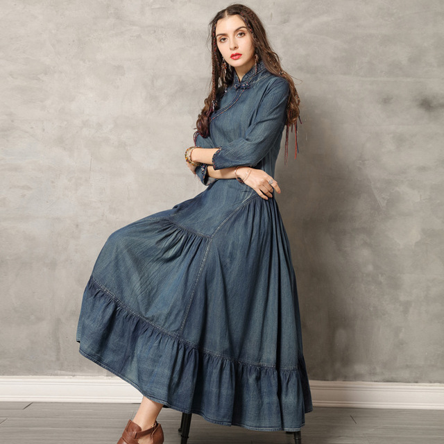 Sukienka Johnature Maxi Vintage - jesień 2021, luźny fason, kobiecy kołnierz, dżety, koszulowa - tanie ubrania i akcesoria