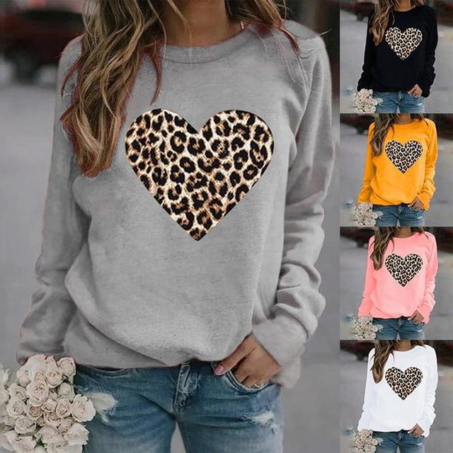 Kobiece bluzy jesienne z nadrukiem Leopard i sercem, luźne bluzy z okrągłym dekoltem i kapturem: plus size - tanie ubrania i akcesoria