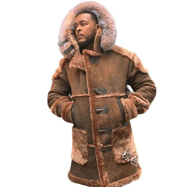 Męska zimowa kurtka z futrzanym kapturem, brązowa, podszyta Sherpa i zamszem, guziki z rogu - tanie ubrania i akcesoria