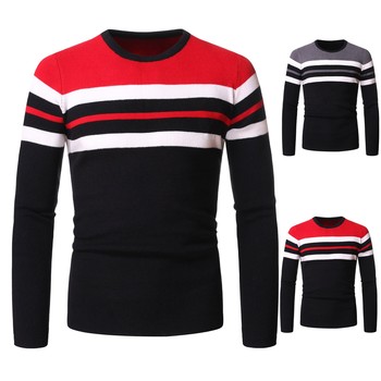 Męski prosty, wysokiej jakości sweter z okrągłym dekoltem - kolorowy blok kolorów