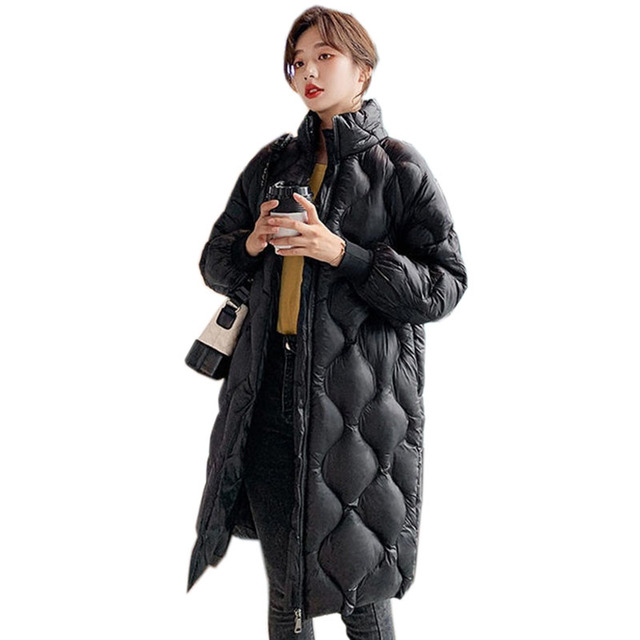 Zimowy płaszcz kobiecy błyszczący parka bawełniana czarna/biała/khaki - długa kurtka, ciepła odzież modowa 2021 (KW1141) - tanie ubrania i akcesoria