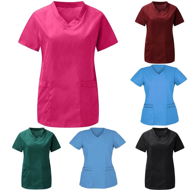 Strój pielęgniarki z krótkim rękawem i dekoltem w serek, jednolity topy, oversize - tanie ubrania i akcesoria