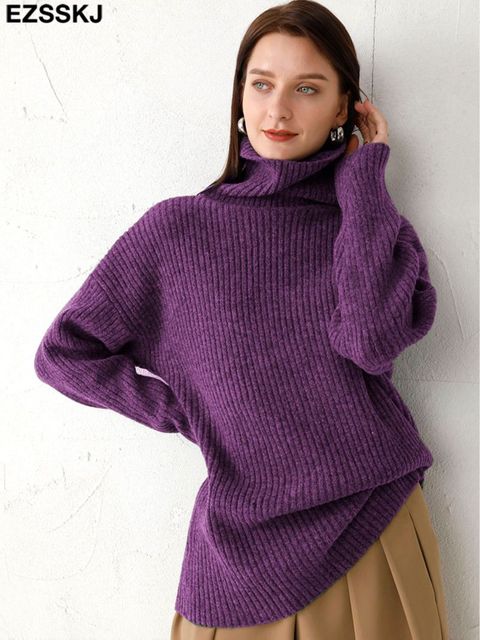 Gruby sweter z kaszmiru - jesień/zima 2021, luźny, długi rękaw - tanie ubrania i akcesoria