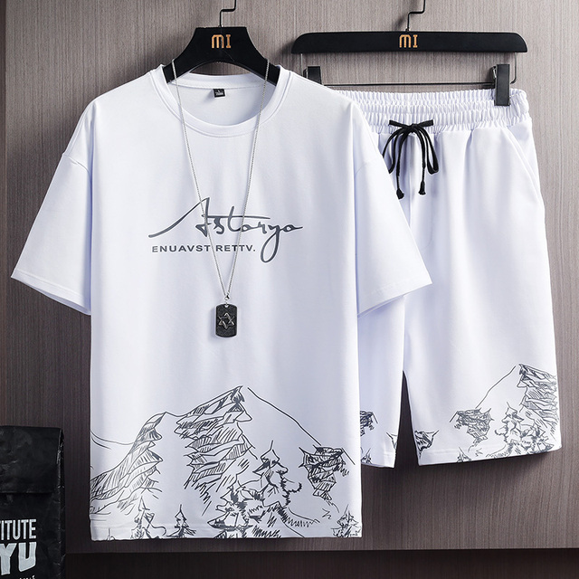 Sportowo eleganckie zestawy męskie z krótkim rękawem - drukowane garnitury Jogger + T-shirt i spodenki - tanie ubrania i akcesoria