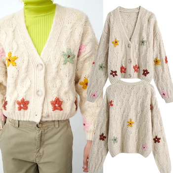 Damski luźny sweter z haftem kwiatowym ZA 2021, biała odzież wierzchnia