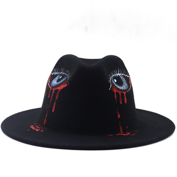 Czarny kapelusz Fedora z okiem wełny, ręcznie malowany, dla mężczyzn/kobiet