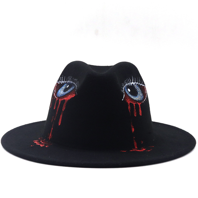 Czarny kapelusz Fedora z okiem wełny, ręcznie malowany, dla mężczyzn/kobiet - tanie ubrania i akcesoria